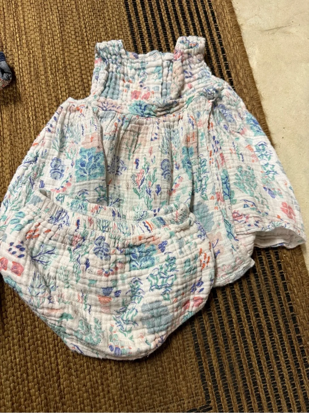 Baby Two-Piece Muslin Set in White with Aqua & Coral Floral Print